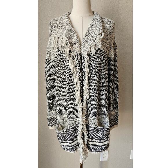 J. Jill Willow Fair Isle Long Sleeve Fringe Hem Cardigan‎ Sweater Black/White M - Picture 3 of 9